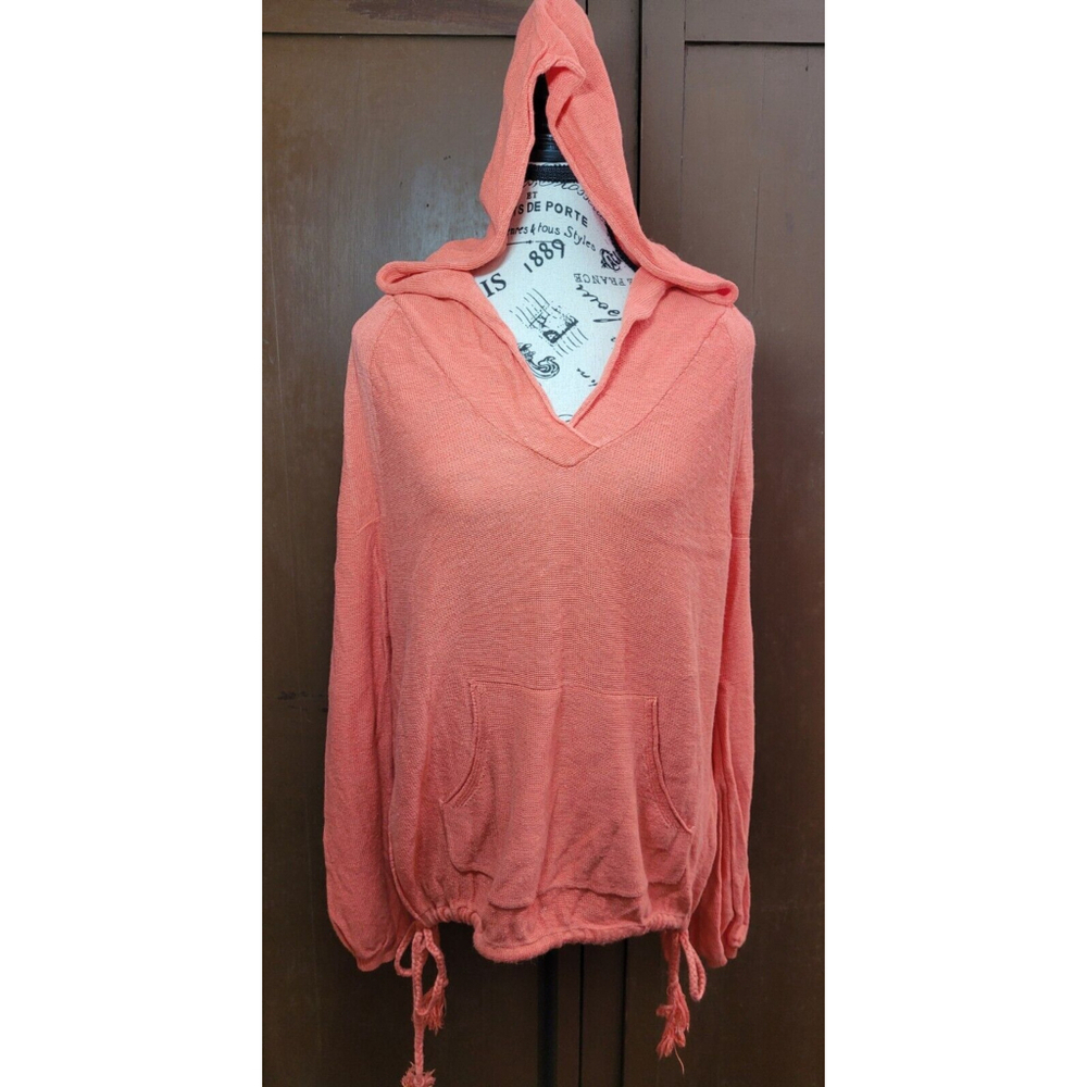 Free People Womens XS Optimist Hoodie Coral Salmon Pink Tie‎ Sides Front Pocket